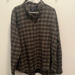Lands’ End Men’s Cotton Flannel Shirt – XL (17–17.5) – Green/Burgundy Plaid